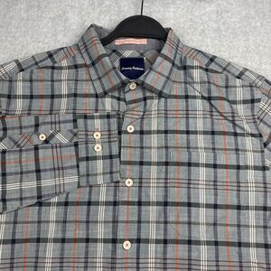 Tommy Bahama Shirt Mens L Gray Button Up L/S Plaid Oxford Pocket‎ Cotton EUC